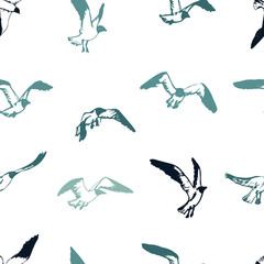 Seagull seamless pattern. Hand drawn flying birds background. Sketch seabirds. 
