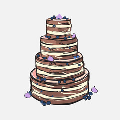 Illustration of beautiful naked cake with bilberry and white cream. Baked wedding cake design.