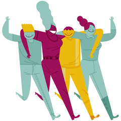 Friends moving happily together.
Series of illustrations about friendship and companionship.