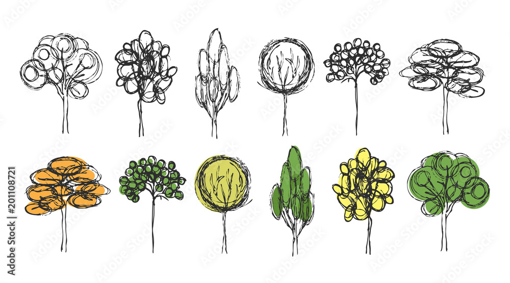 Wall mural hand draw sketch set of different types of trees. simple linear tree design. cute forest drawing. li