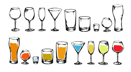 Drawing alcohol drinks collection for design. Set of alcohol glasses. Colorful sketch of alcohol. Illustration for bar, restaurant, cafe, night club.