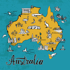Drawing cartoon Australia vector map. Map of Australian continent with hand drawn places, elements and cities. Unique touristic sightseeing map.
