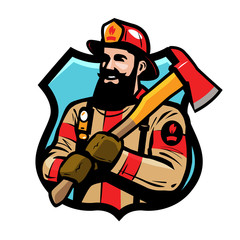 Fototapeta premium Fire department logo or label. American firefighter, fireman in helmet holds an ax in his hands. Cartoon vector illustration