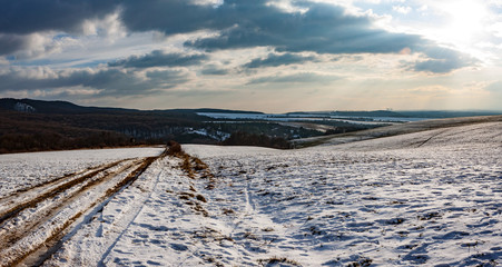 Beautiful panorama landscape of frozen slovak country in hidden in snow