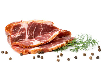 A piece of pork neck meat sliced with black pepper and dill leaves on white background.