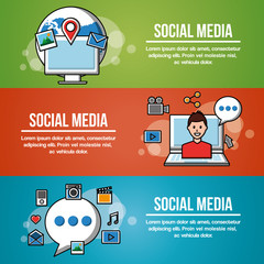 people social media networks banners with signs explain information profile location photos vector illustration