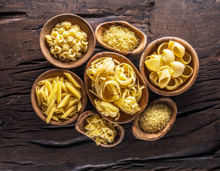 Different pasta types in wooden bowls on the table. Top view.