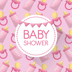 baby shower card bottle milk with pacifier pink background celebration vector illustration