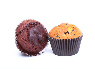 Chocolate, raisin and nut muffins, homemade cupcake isolated on white background.