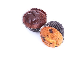 Chocolate, raisin and nut muffins, homemade cupcake isolated on white background.