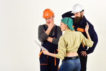 Technical task concept. Brigadier, foreman speak about terms of repair, renovation. Brigade of...