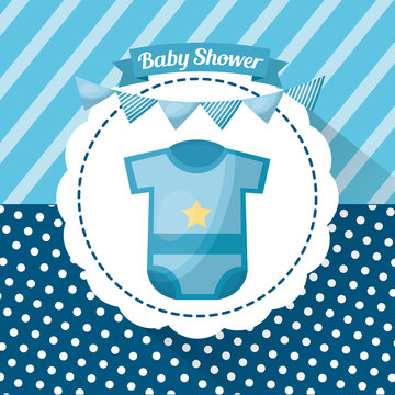 baby shower boy card gretting stripe background sticker with clothes pennants celebration vector illustration