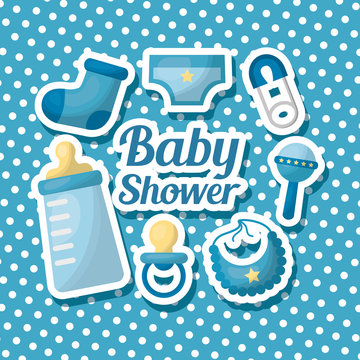 Baby Shower Card Striped Background Clothes Rattle Bib Pacifier Hook Sock Sign Celebration Vector Illustration