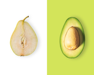 Creative layout made of pear and avocado. Flat lay. Food vegan concept.