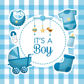 happy baby shower baby crib mobile with star rattle duck clothes sock bottle milk bib safety pin  vector illustration