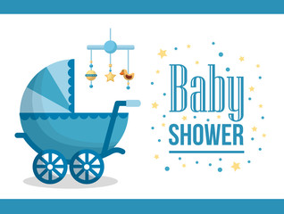 happy baby shower  pram  sticker with stars hanging toys star duck blue background vector illustration