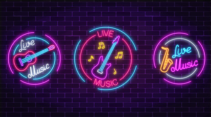 Set of neon live music symbols with circle frames. Three live music signs with guitar, saxophone, notes.