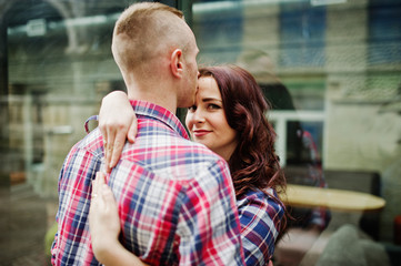 Fototapeta premium Stylish couple wear on checkered shirt in love together.