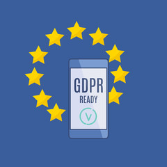 GDPR ready poster with smartphone and EU star flag on blue background. European general data protection regulation concept. Vector illustration. 