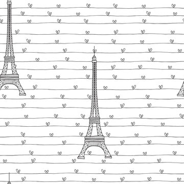  Eiffel Tower and hearts.  Seamless romantic pattern on a white background. Vector illustration.