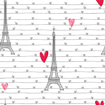  Eiffel Tower and hearts.  Seamless romantic pattern on a white background. Vector illustration.