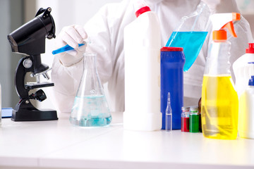 Chemist checking the quality of bathroom supplies