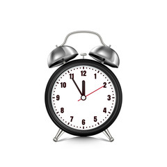 Vector realistic 3d illustration of black alarm clock, isolated on white background. Five minutes to twelve o'clock.