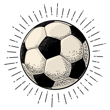 Soccer ball with ray. Engraving vintage vector black illustration.