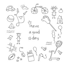 Children drawing. Doodle set of objects from a child's life. Vector illustration.