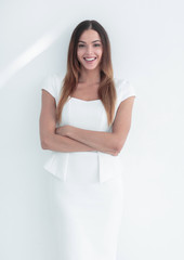 Portrait of successful business woman on white.
