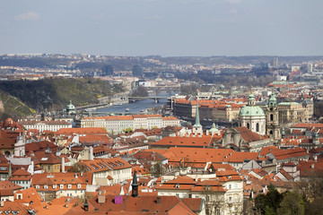 View on the sunny spring Prague with St. Nicholas' Cathedral, Czech Republic