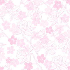 Seamless  pattern with magnolia and sakura on a white background. © maritime_m