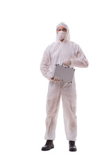 Criminologist in protective suit with steel case