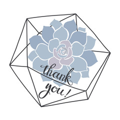 Thank you! Vector illustration with succulent in florarium and handmade calligraphy on white background.