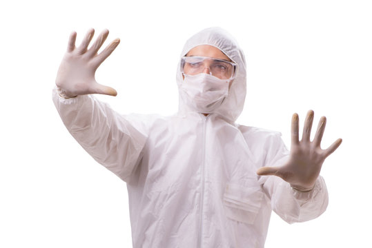 Man in protective suit isolated on white background