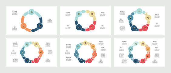 Business infographics. Circles with 3 - 8 parts, arrows. Vector templates.