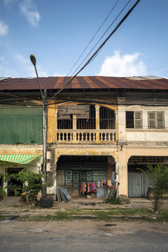 old french colonial architecture in kampot town street cambodia