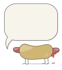 character appetizing hot dog vector bun roll sausage dripping ketchup with black legs standing on white isolated background says comics cloud for text signature advertising