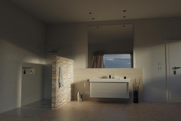 Modernes geräumiges Badezimmer mit Duschetasse und Steinfliesen. 3d Rendering
