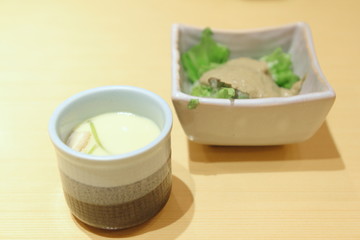Egg Custard or Steamed Egg and Kani or Crab with Miso Salad for Appetizer, Japanese Recipe