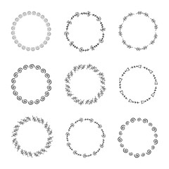 Hand drawn doodle wreath set. Collection of cute round frames for posters, cards and invitations