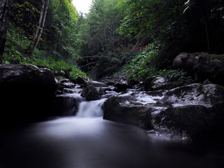 Waterfall at the carpatian mountains at the green rainy pine forest