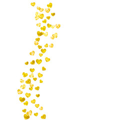 Bridal background with gold glitter hearts. Valentines day. Vector confetti. Hand drawn texture. Love theme for gift coupons, vouchers, ads, events. Bridal background template with heart.