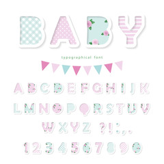 Cute textile font in pastel pink and blue. For birthday, baby shower, clothes decorative elements.