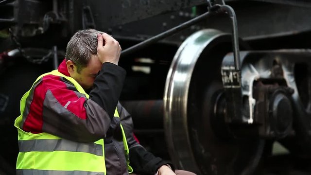 Stressed railroadman on railway track, railway worker sits on railway line near big metal wheel. Tired railwayman in red hard hat sits on rail near freight wagon after hard work day