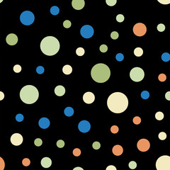 Colorful polka dots seamless pattern on black 6 background. Beautiful classic colorful polka dots textile pattern. Seamless scattered confetti fall chaotic decor. Abstract vector illustration.