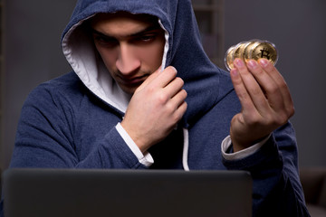 Young man in bitcoin mining concept