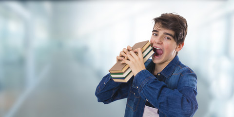 student eating books