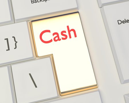 Make money button, a gold cash key in a white keyboard - 3D illustration