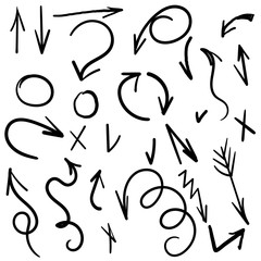Vector set of arrows, circles, checkmarks drawn manually. Collection of sketches of black arrows and elements on a white background